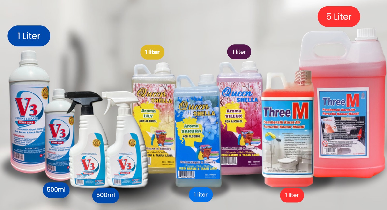 Pilihan ukuran produk Three M, V3 Cement Cleaner, dan Queen Shella