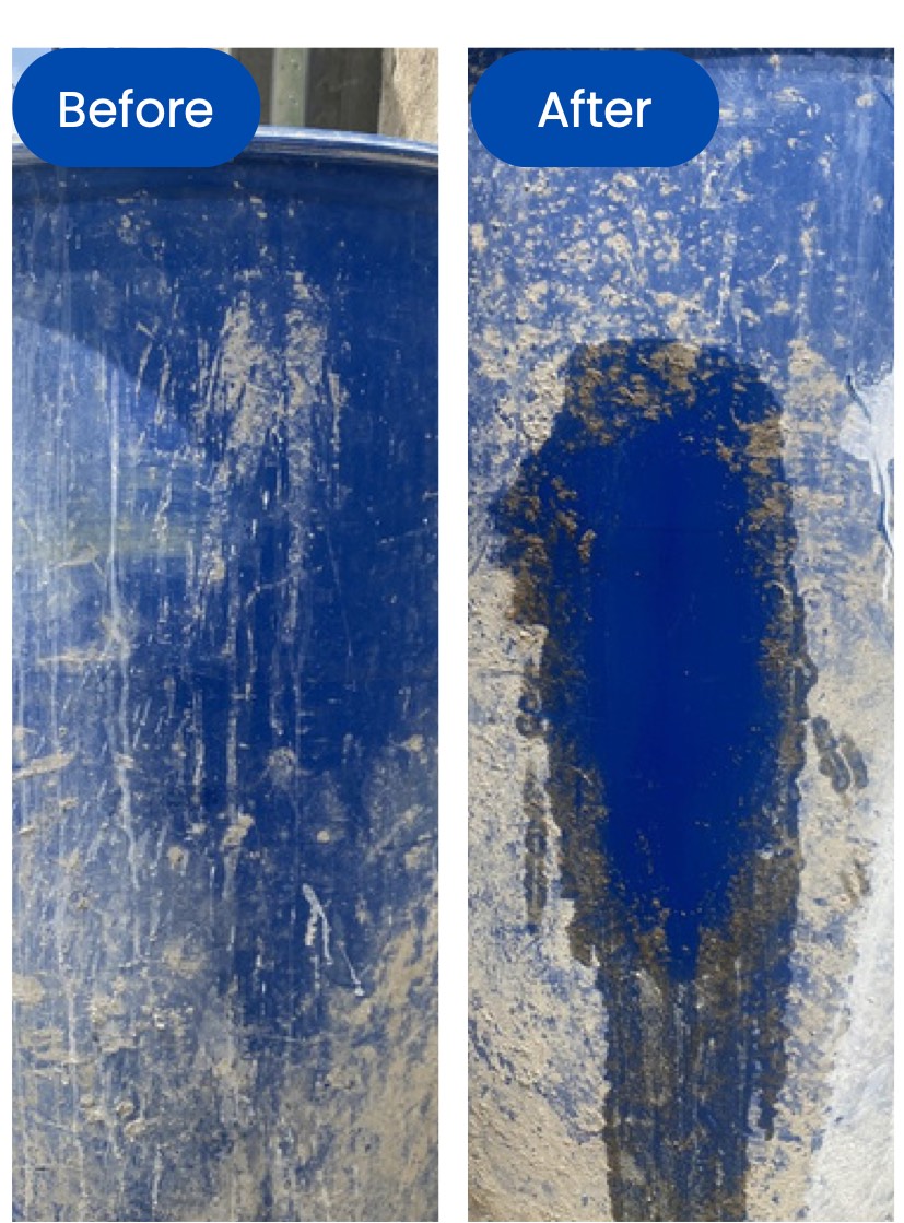 Hasil sebelum dan sesudah penggunaan V3 Cement Cleaner pada noda semen drum biru